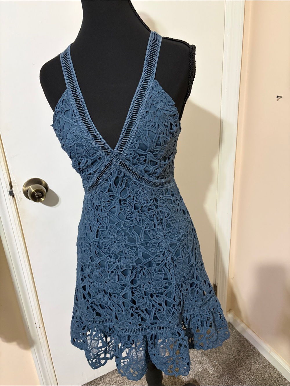 Astr Blue Crochet V-Neck Mini Dress